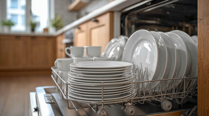 An open dishwasher with clean white plates and cups placed in the kitchen of a house. The concept of household appliances, cleanliness, and convenience in everyday life.