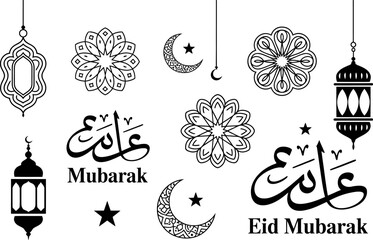 Eid mubarak greeting symbols and lanterns on white background