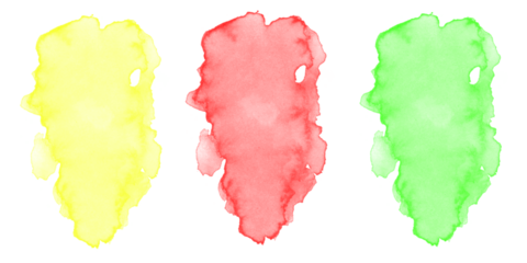 Vibrant abstract watercolor paint blotches trio bright yellow red green hues Modern ink stains black background design