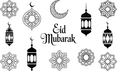 Eid mubarak celebration symbols lanterns moon