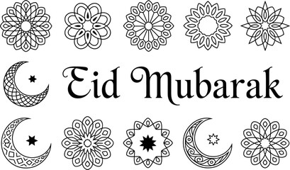 Eid mubarak greeting with floral crescent moon designs
