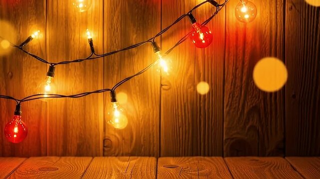 A charming string of warm, glowing Edison-style light bulbs, interspersed with vibrant red bulbs, casts a festive and inviting ambiance against a rustic wooden plank background. The foreground feature