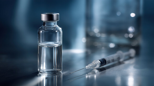 Medical syringe positioned beside glass vial containing injectable pharmaceutical solution.