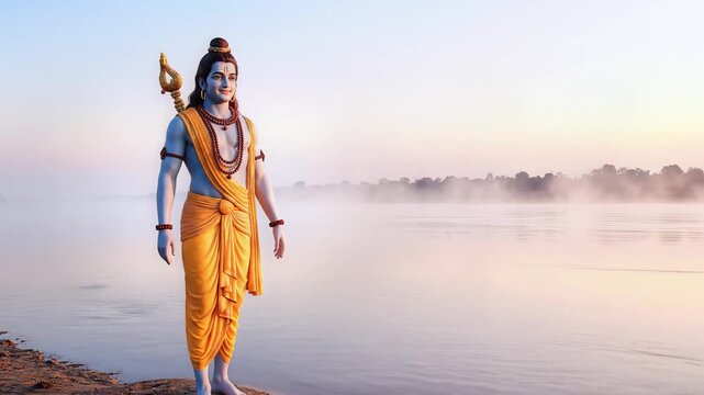 A serene spiritual depiction of a revered divine figure by a tranquil river at sunrise, embodying peace and devotion, perfect for celebrating the auspicious festival of Ram Navami