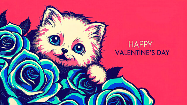 Valentinstag Katze in blauen Rosen &ndash; niedliche Illustration als Gru&szlig;karte mit Text Happy Valentine's Day