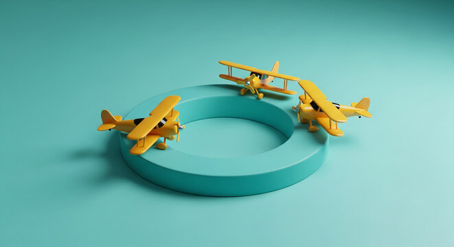 Three yellow biplane toys surround a blue circular platform, conveying travel, adventure, and imagination, ideal for a child, journey concepts