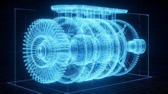Stunning wireframe 3D model of complex mechanical gear system