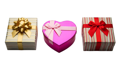 Three gift boxes isolated on transparent background for valentines day or occasion