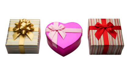 Three gift boxes isolated on transparent background for valentines day or occasion