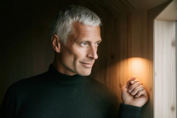 Portrait of mature man with grey hair in black turtleneck looking out window. He is smiling slightly, resting hand on wooden frame, showing contemplation and confidence
