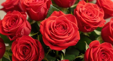 Obraz premium Vibrant Red Rose Bouquet with Green Leaves