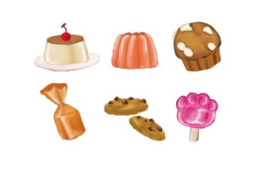 illustrations of various desserts, including pudding, jelly, muffins, candies, cookies, and a paw-shaped lollipop. They can be used for menu designs, stickers, children&rsquo;s books, apps, or food-themed 