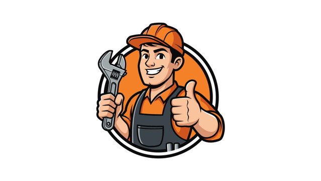 Smiling Mechanic with Wrench Giving Thumbs Up in Circular Emblem.