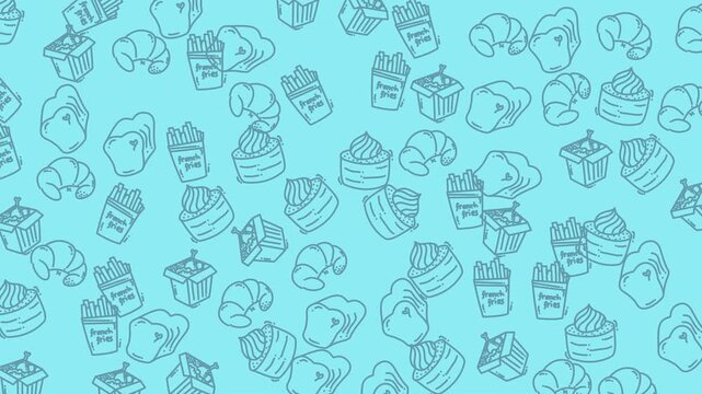 Pastries, fries, bread, and cupcakes on a blue background. Perfect for bakery menus, social media posts, food blogs, and advertisements.