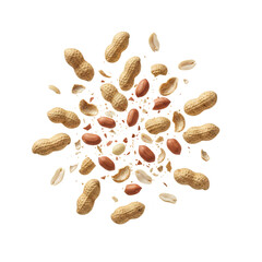 Explosion of Peanuts and Shells on White Background