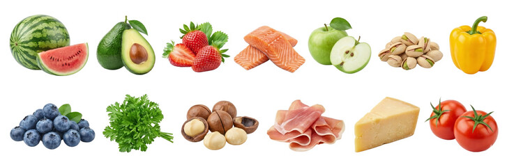 Assortment of Fresh Healthy Foods - Fruits, Vegetables, Fish, Nuts, Cheese, Meat