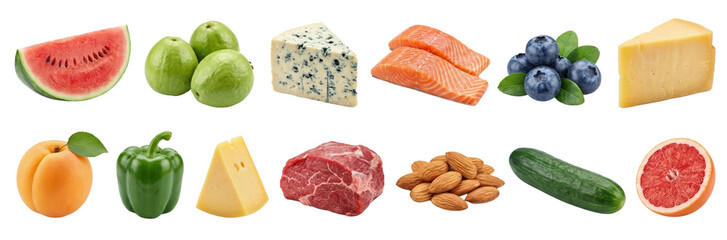 Assortment of Fresh Foods: Fruits, Vegetables, Cheese, Fish, Meat, Nuts