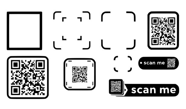 QR code scan frame and scan me icon set black flat vector illustration