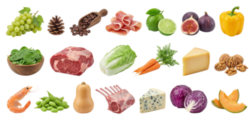 Assortment of Fresh Food Ingredients: Meats, Vegetables, Fruits, Cheese, and More