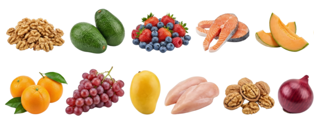 Healthy Food Assortment: Fruits, Fish, Nuts, Meat, Vegetables on White
