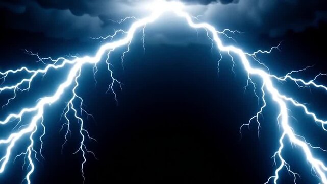 Beautiful super slow-motion lightning strikes coming toward the camera, realistic thunderbolts on a black background with bright blue flashes, 4K UHD 3D looped electrical storm animation.