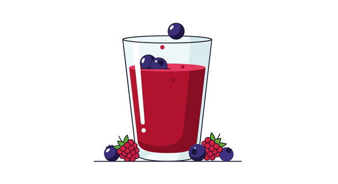 A refreshing glass of mixed berry juice with fresh blueberries falling in.