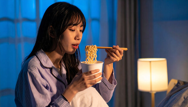 夜にカップ麺を食べる女性