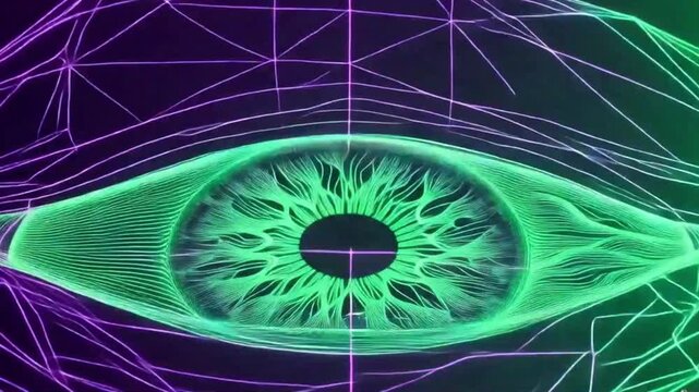 Green and purple lines gradually forming a three-dimensional human eye model, focusing on the iris, presented as a 4K animated abstract background in a clean 3D render.