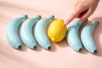 Pastel Parallels: Turquoise Bananas and a Bright Yellow Lemon with Finger