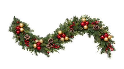 Abundant Christmas garland with pine branches, red and gold ornaments, berries, and pinecones