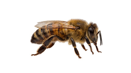 Detailed macro shot of a honey bee, showcasing fuzzy body, wings, and segmented legs