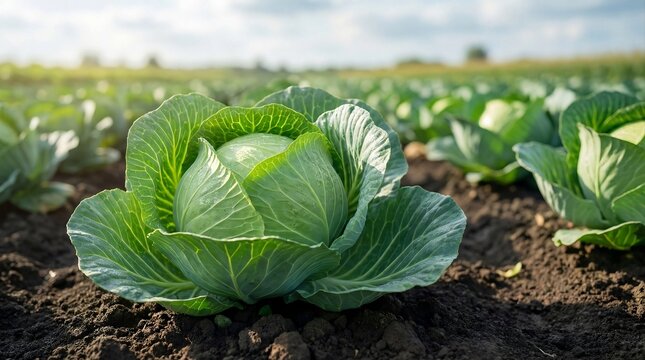 Fresh green cabbage growing in agricultural field with blurred background