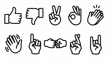 A diverse collection of universal black outline hand gestures representing various emotions and actions
