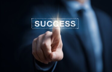 Businessman Touching Luminous 'Success' Button in Professional Setting