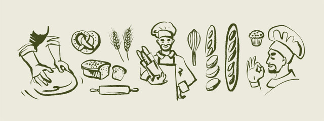 Doodle baking set with chef, ingredients and tools in sketch style. Vintage culinary process, cozy kitchen, bakery branding. Hand drawn vector illustration © pim