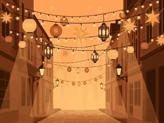 Street decorated with festive lights and lanterns. © Jepry
