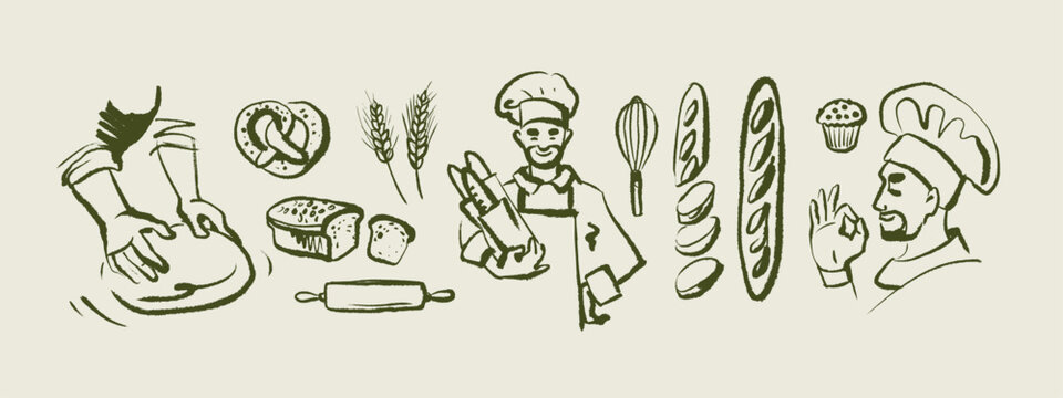 Doodle baking set with chef, ingredients and tools in sketch style. Vintage culinary process, cozy kitchen, bakery branding. Hand drawn vector illustration