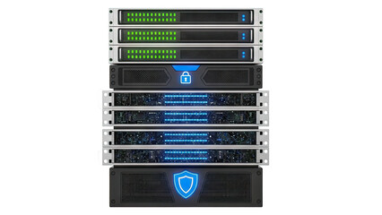 Server Rack with Security Symbols and LED Lights