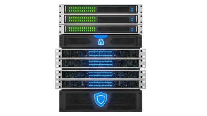 Server Rack with Security Symbols and LED Lights