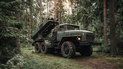 Fototapeta premium A military vehicle fitted with a missile launcher positioned in a forest, symbolizing a wartime scenario or World War setting 
