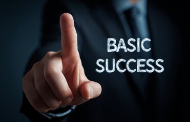 Finger Pointing at 'Basic Success' Text Symbolizing Motivation and Goal Achievement