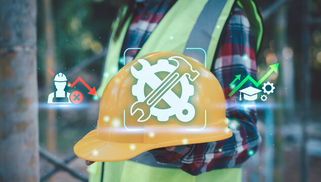 Construction worker holding yellow hard hat with digital icons representing labor shortage crisis versus skilled workforce training solution, Growth Professionalism, Quality Education Improvement