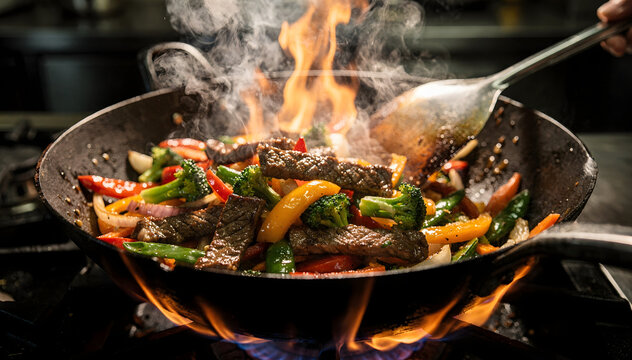 Wok Cooking: Flames and Sizzling Stir-Fry with Meat and Vibrant Vegetables on Stove in Restaurant Kitchen, Delicious Culinary Creation, Professional Technique