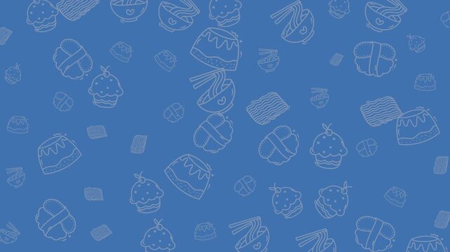 Blue background with dessert and asian dish outlines ideal for food blogs, menus, or social media posts. Deliciously tempting theme.