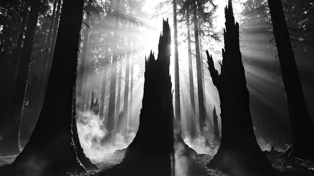 Black and white view of a foggy forest with light rays shining through the trees and a decaying log