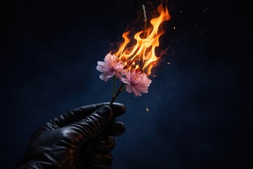 Burning Beauty: A Gloved Hand Holds Cherry Blossoms Ablaze in Fire