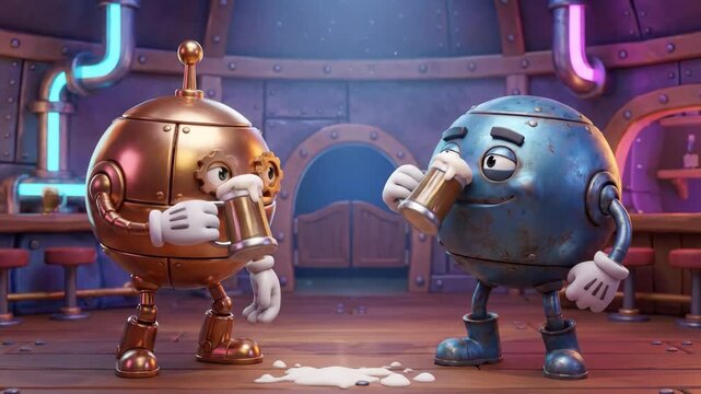 Animated characters, a golden robot and a blue spherical figure, clink beer mugs together in a lively bar setting, with colorful lights and wooden furniture in the background