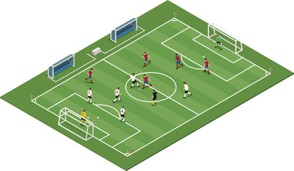 Isometric football pitch with players and bench area © kabutlazuardi