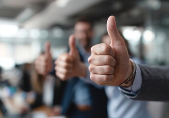 Team Success Celebrated with Thumbs Up Gesture in Office Environment