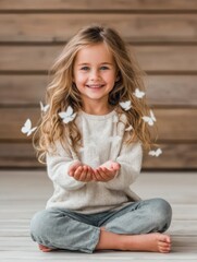 Naklejka premium Happy girl holding butterflies in a cozy, wooden setting.